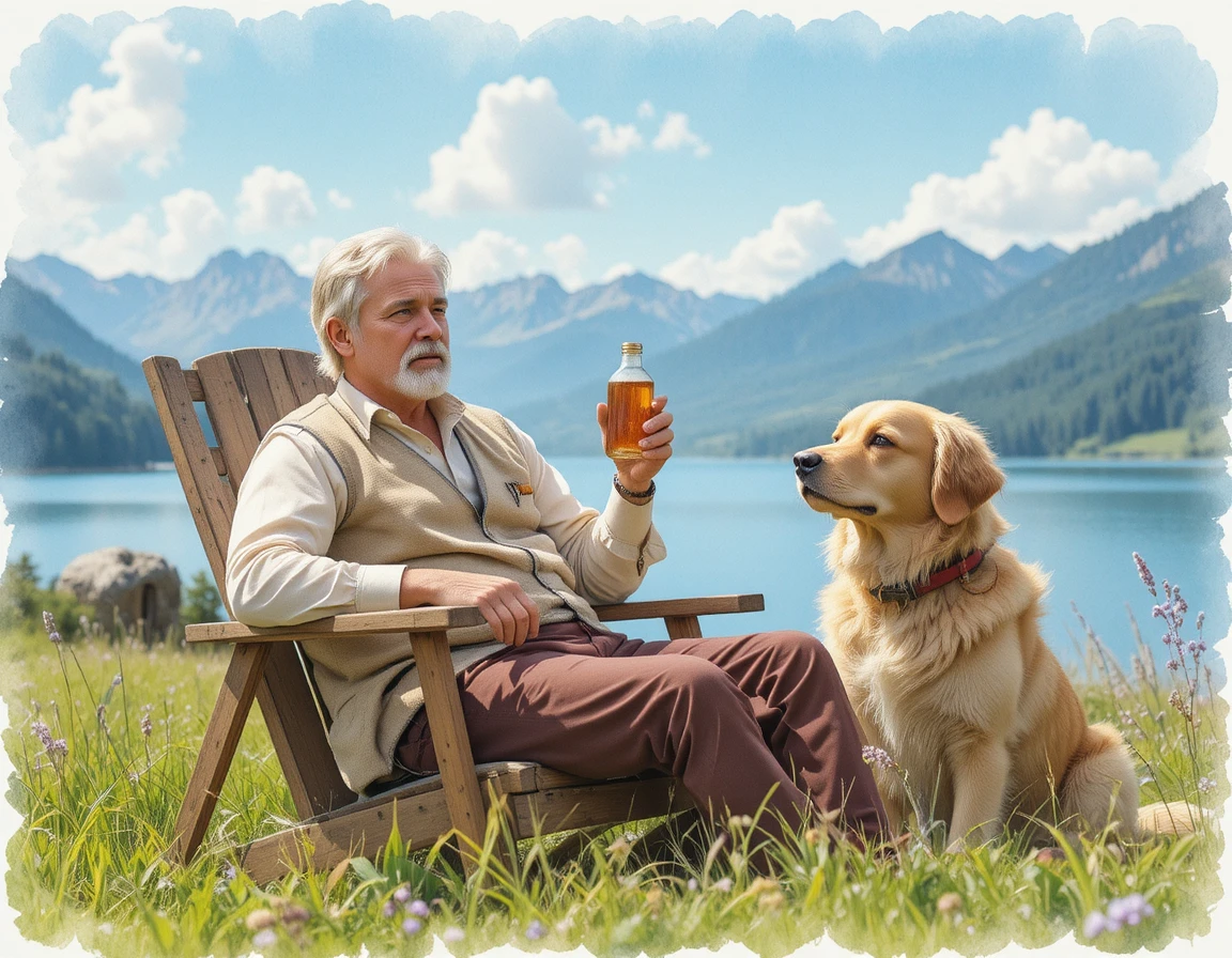 Middle aged man relaxing outdoors with golden retriever dog