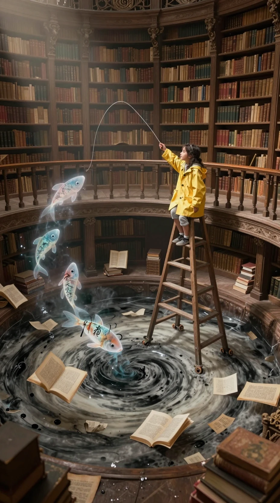 Mädchen angelt von einer Bibliotheksleiter über einem Tintenstrudel