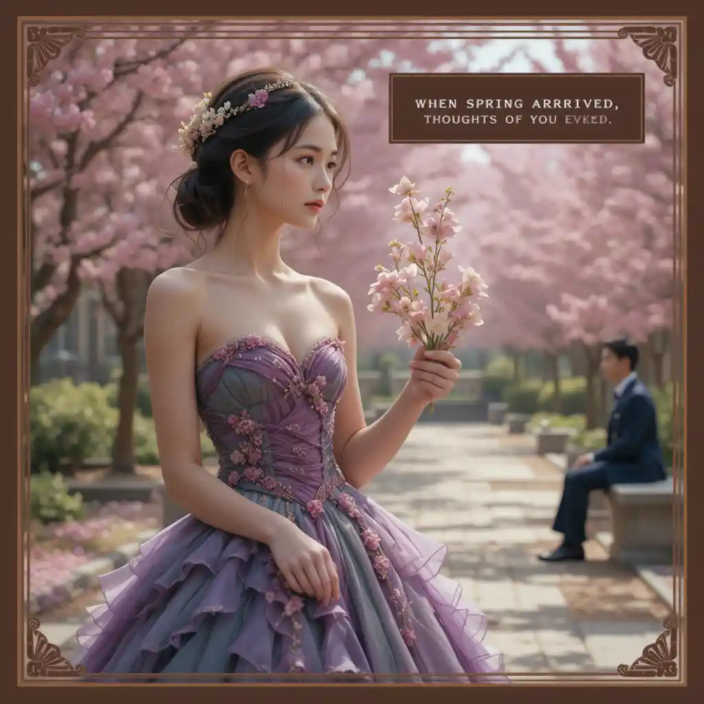 Giovane donna in abito viola che tiene un fiore in primavera