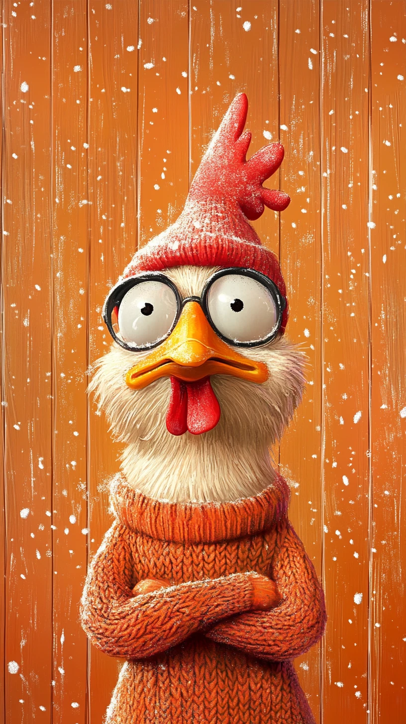 Cartoon-Huhn im Schnee vor kräftigem orangefarbenem abstraktem Hintergrund