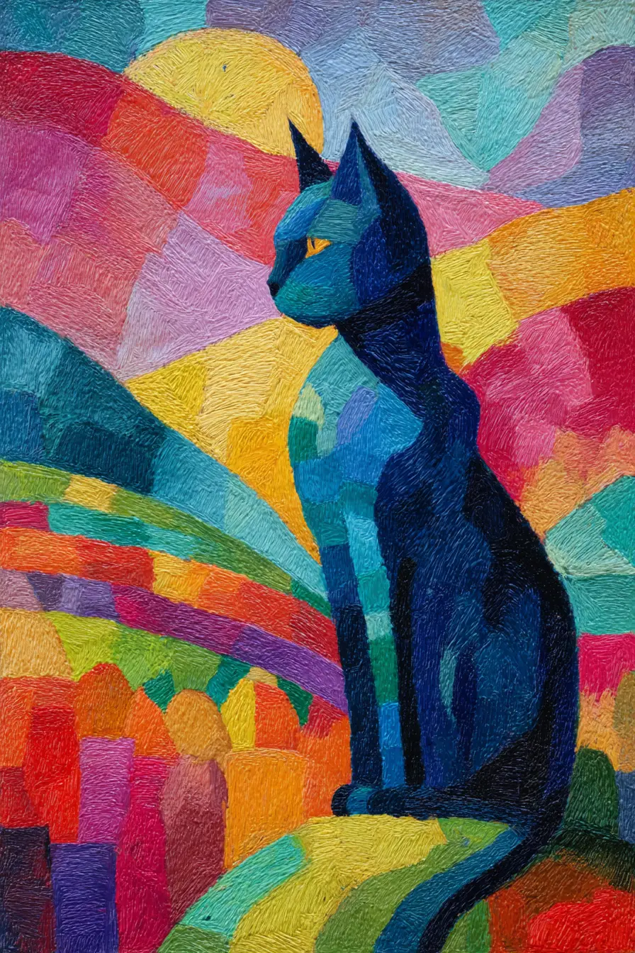 Expressionist Russian Blue Cat In Vivid Abstract Landscape