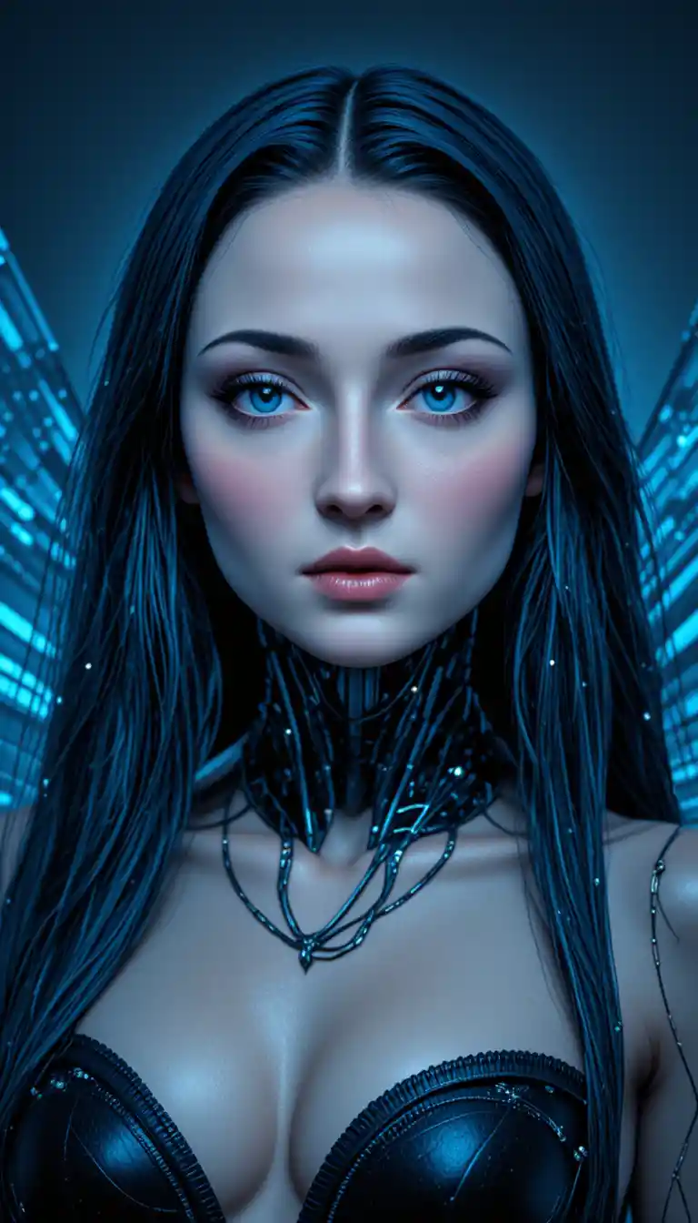 Biomechanical fairy woman with glowing neon wings