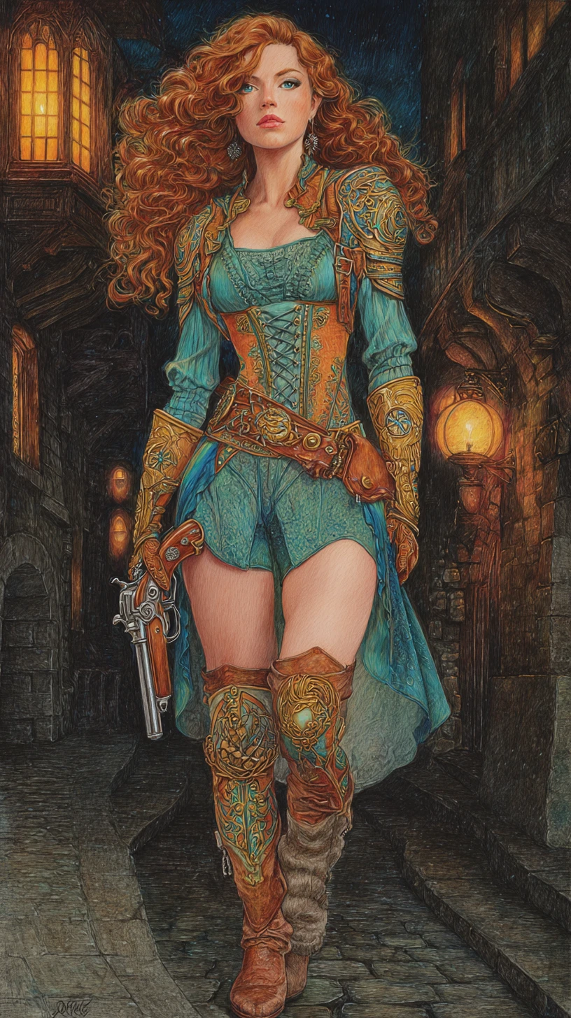 Fantasy warrior woman on a lantern lit medieval street
