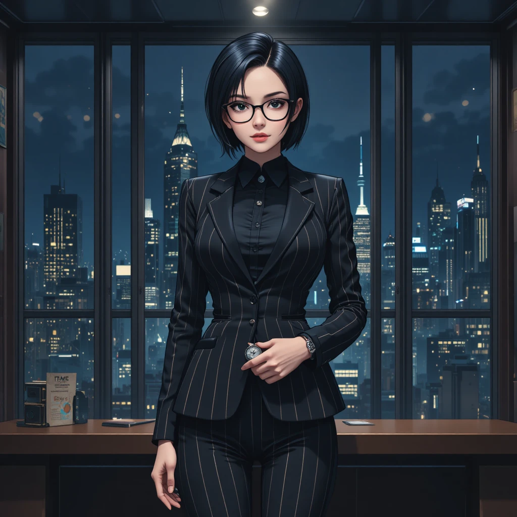 夜晚辦公室裡穿著俐落西裝的動漫黑幫女老大