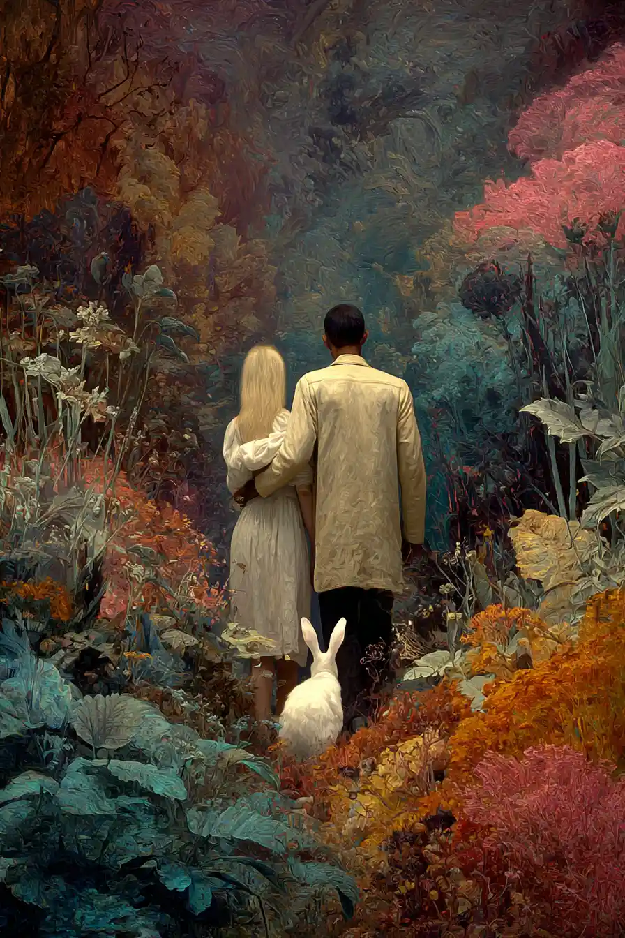 Mittelaltes Paar trennt sich in einem surrealen Dschungellabyrinth bei Abenddämmerung