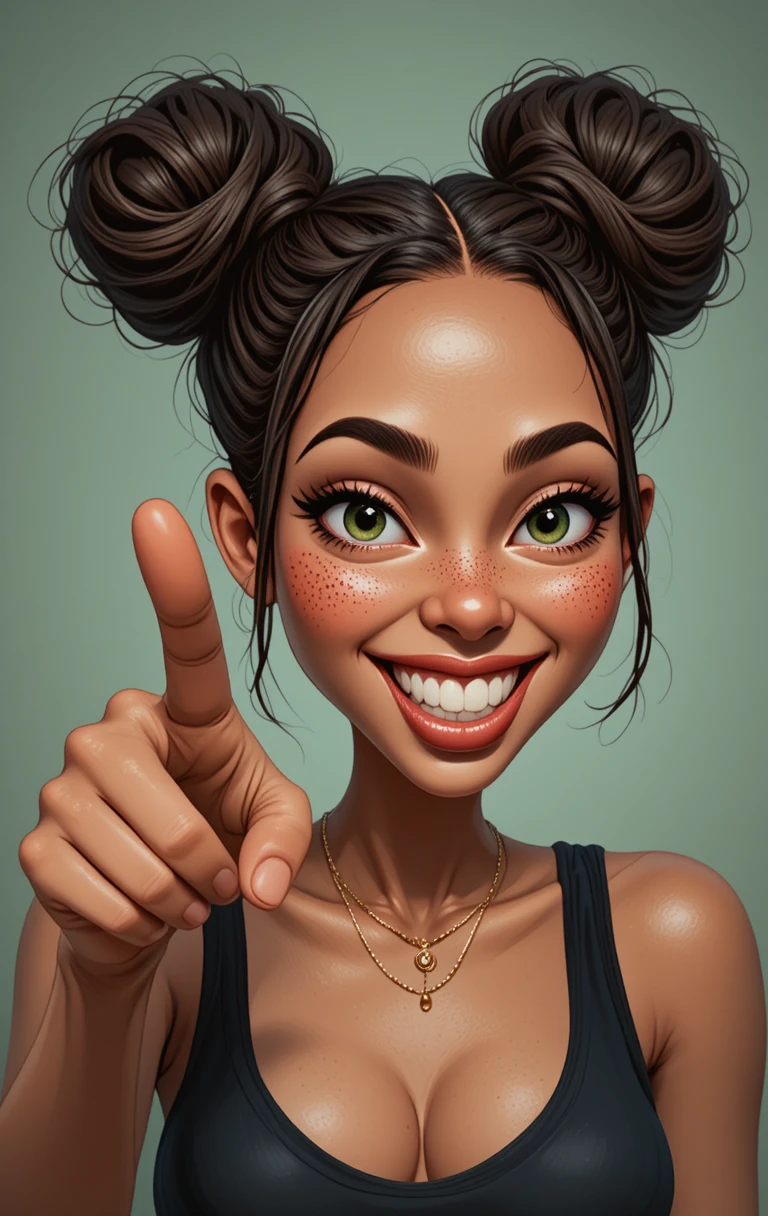 Playful caricature girl pointing forward with bright green eyes