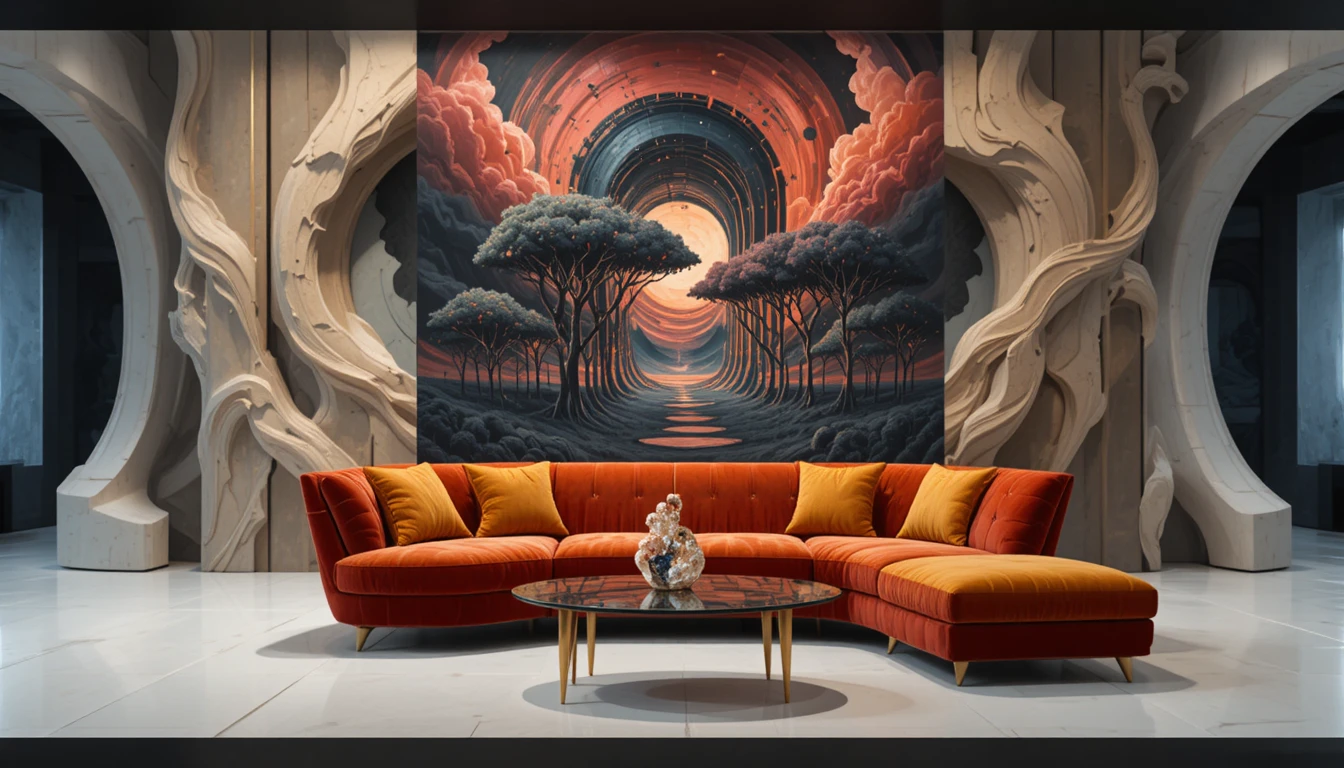 Sofá surreal de veludo vermelho diante de pintura de floresta cósmica em espiral