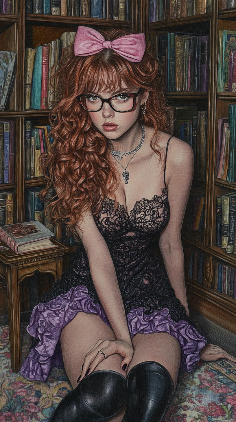 Garota de cabelo cacheado lendo em uma biblioteca mágica e aconchegante