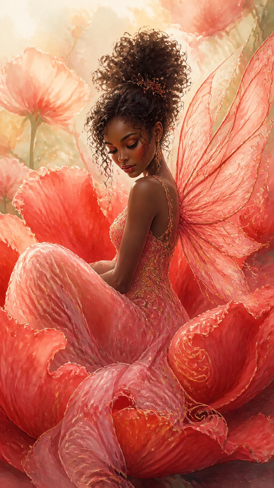 Elegant black fairy resting among large red watercolor flowers