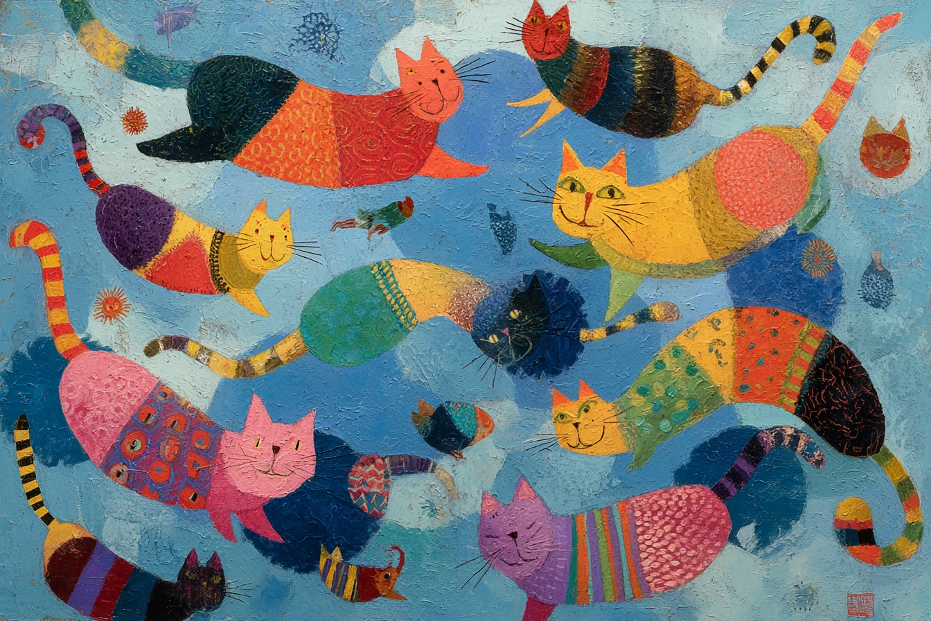 Gatti astratti e colorati che fluttuano in un dipinto surreale blu