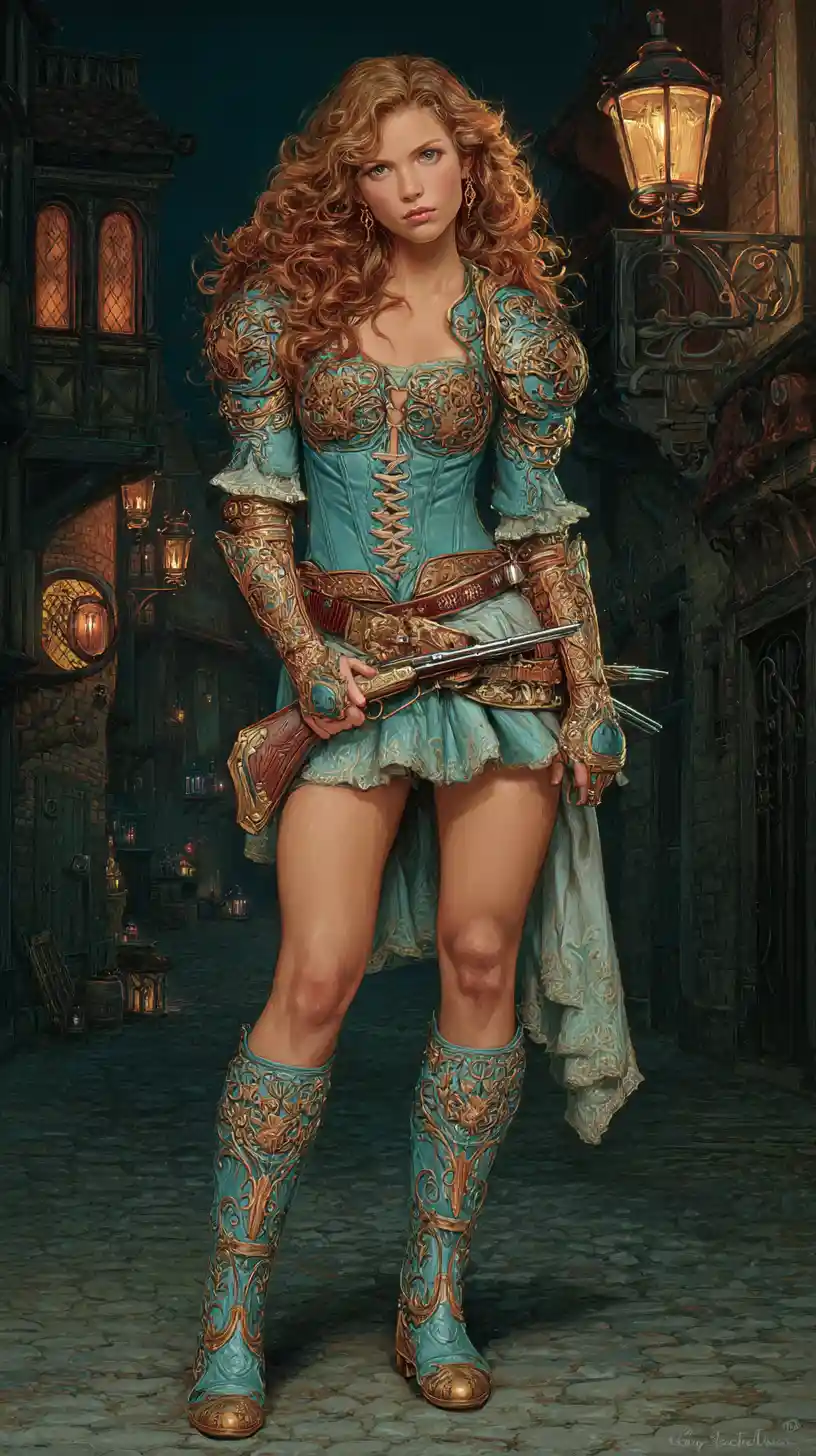 ランタンに照らされた中世の街路に立つファンタジー女戦士