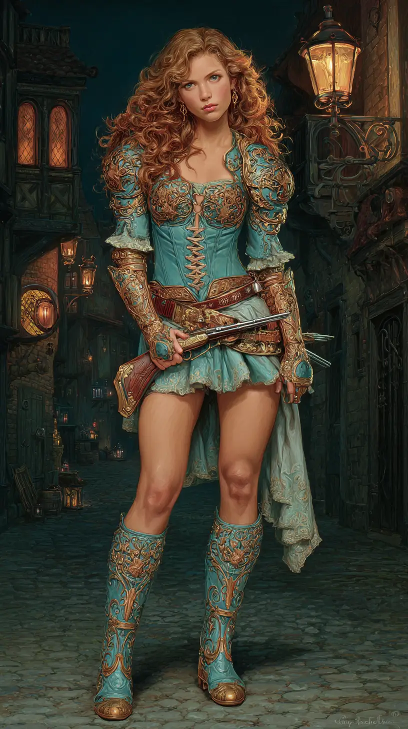 ランタンに照らされた中世の街路に立つファンタジー女戦士