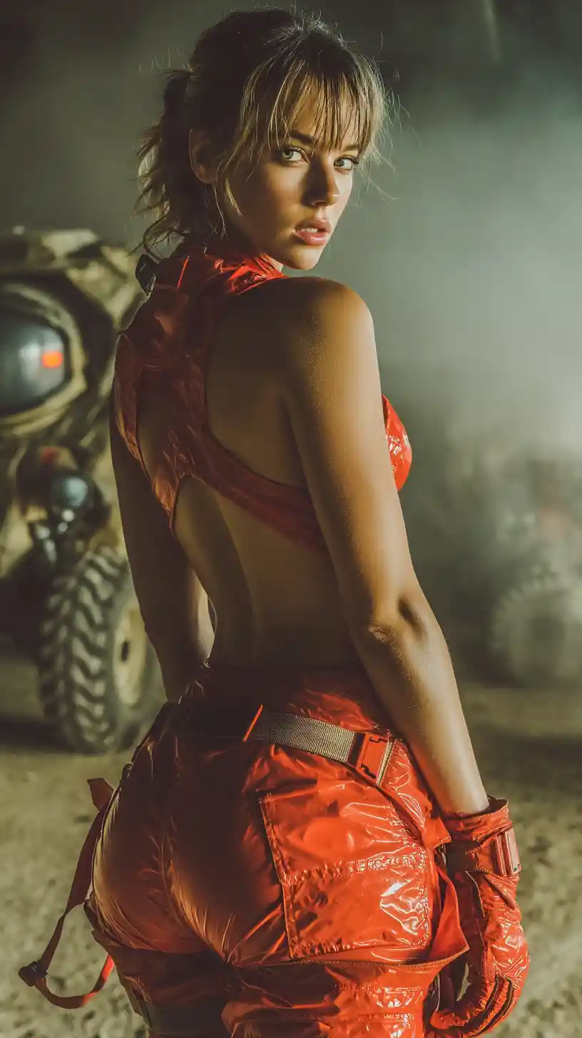 Athletic woman in red vinyl suit in foggy parking lot