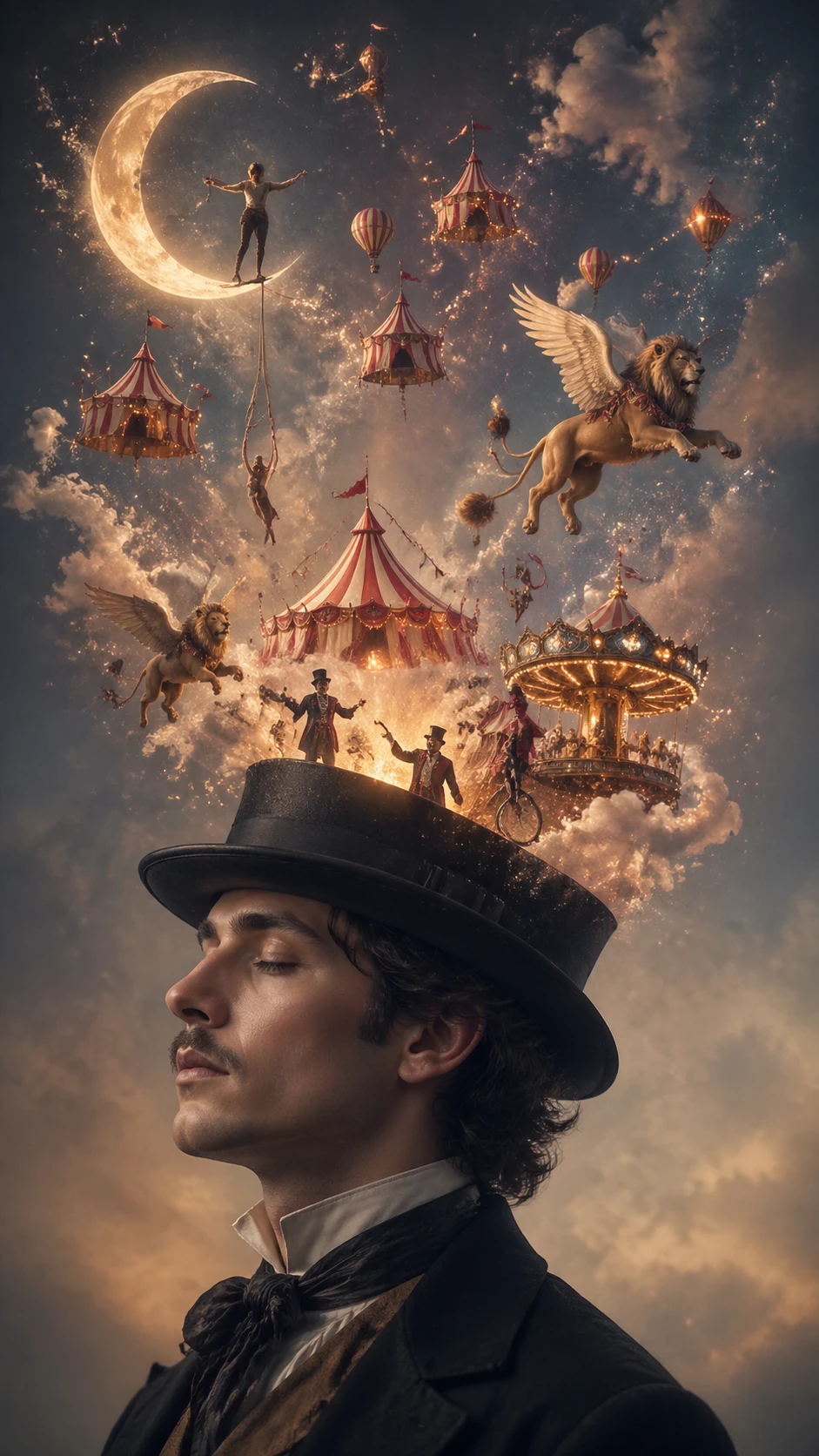 Retrato sereno com circo surreal surgindo de uma cartola