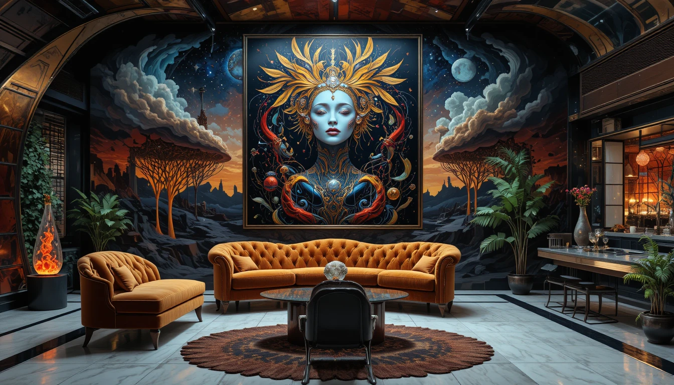 Sofá de terciopelo frente a pintura cósmica surreal en habitación oscura