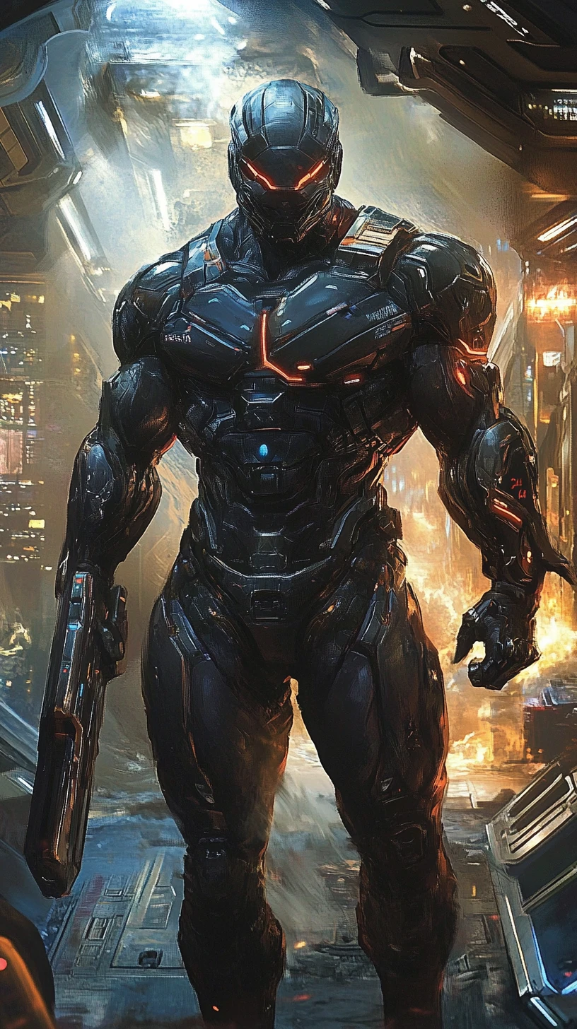 Guerreiro futurista assustado dentro de uma nave espacial luxuosa