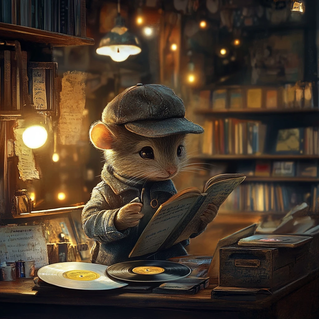 Tiny mouse studying a vinyl record in cozy shop