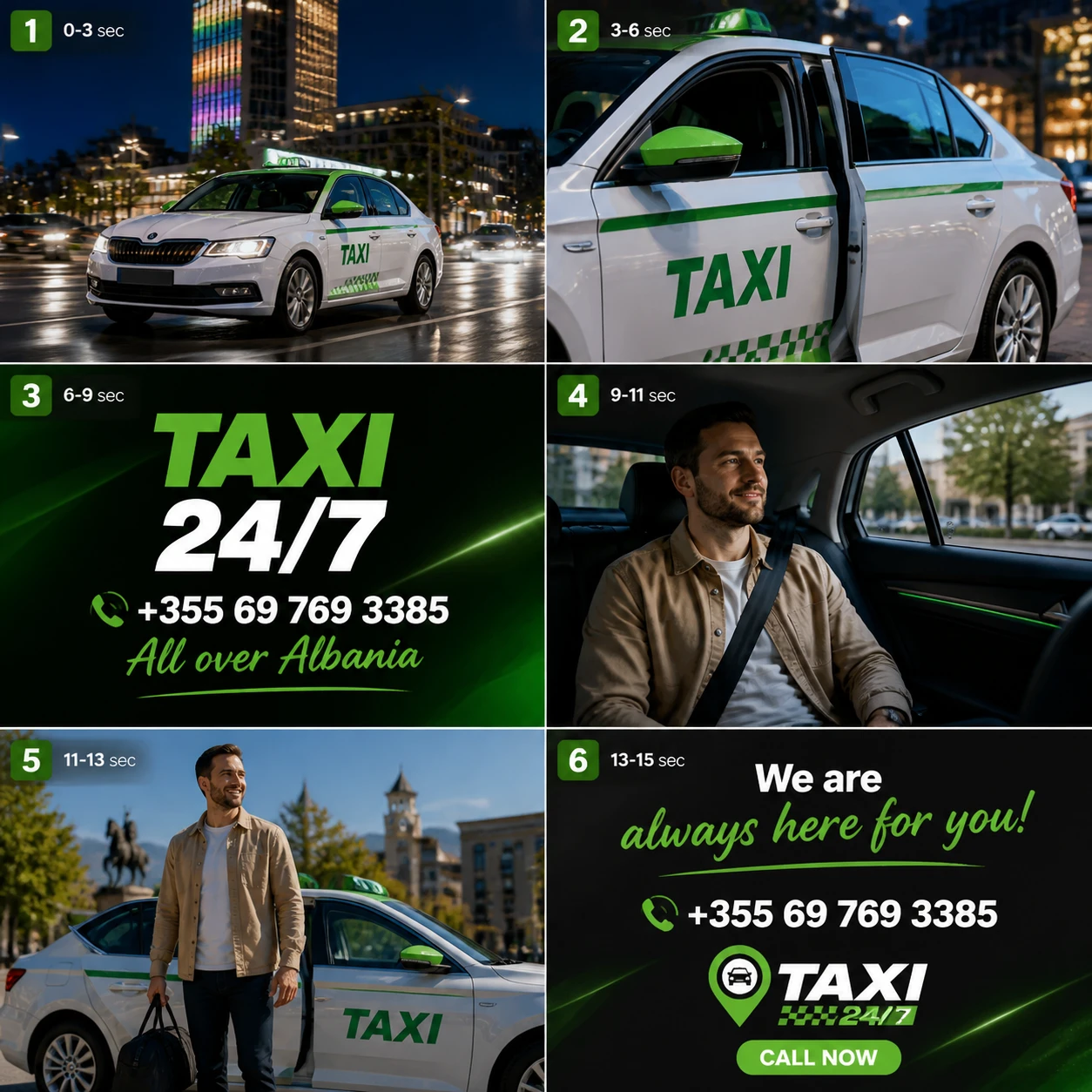 Táxi branco dirigindo pelas ruas de Tirana à noite
