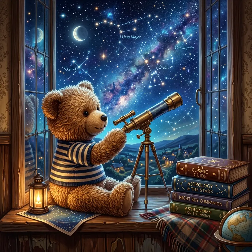 Teddybär beobachtet den Sternenhimmel durch ein Teleskop in der Nacht