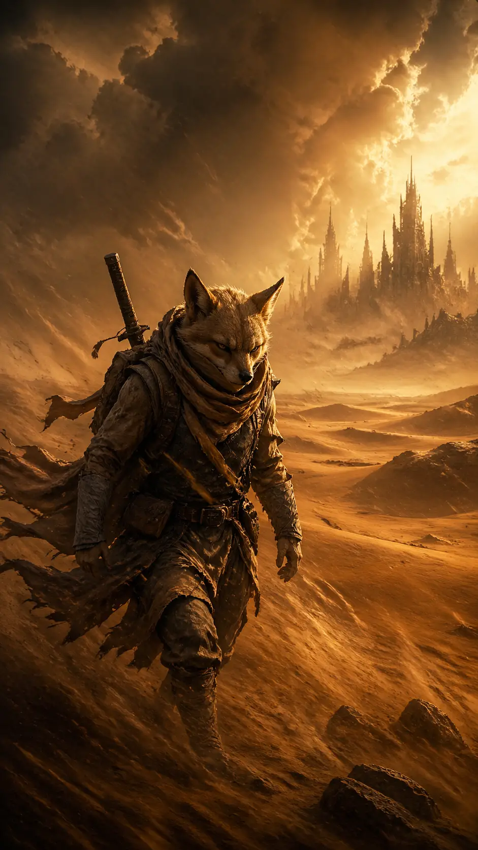 Guerreiro raposa-do-deserto antropomórfico em uma violenta tempestade de areia