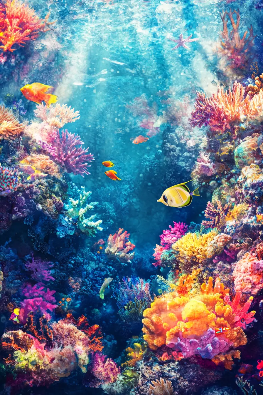 Mondo sottomarino subtropicale con tartarughe e coralli vivaci