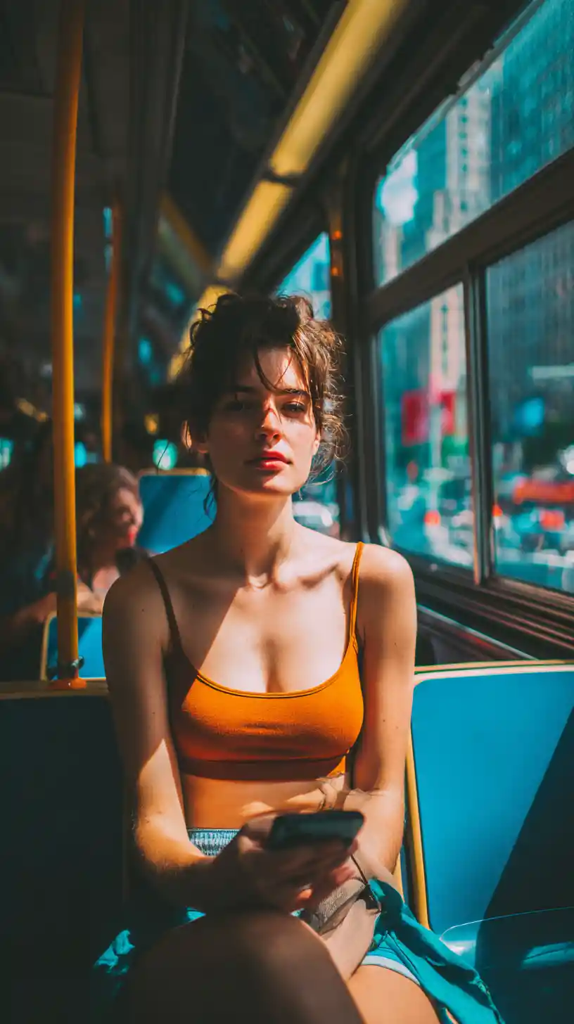 Woman on a morning bus lost in her phone