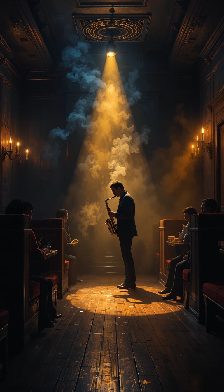 Sassofonista solitario sotto un caldo riflettore in un jazz club fumoso