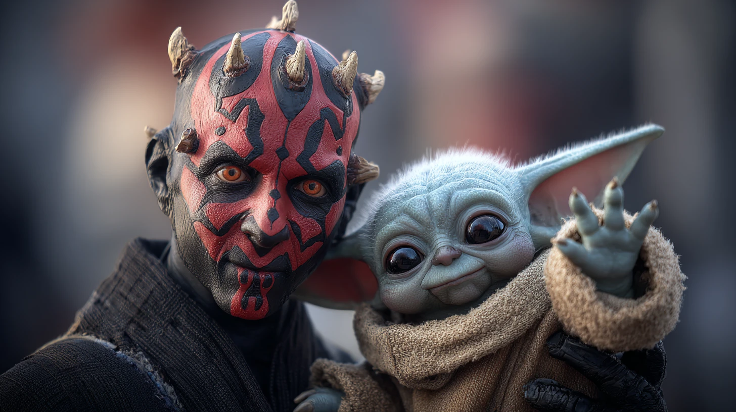Darth Maul e Grogu acenando juntos no Dia de Star Wars