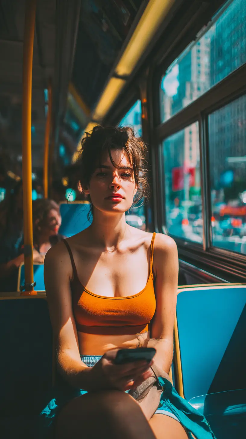 Woman on a morning bus lost in her phone