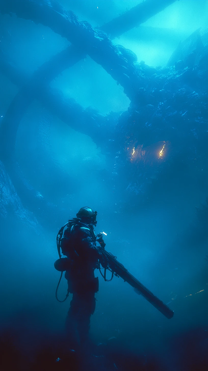 Mergulhador futurista em águas profundas enfrenta um colossal kaiju