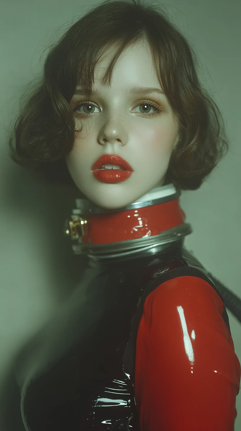 Femme astronaute en combinaison noire et rouge sur un monde extraterrestre