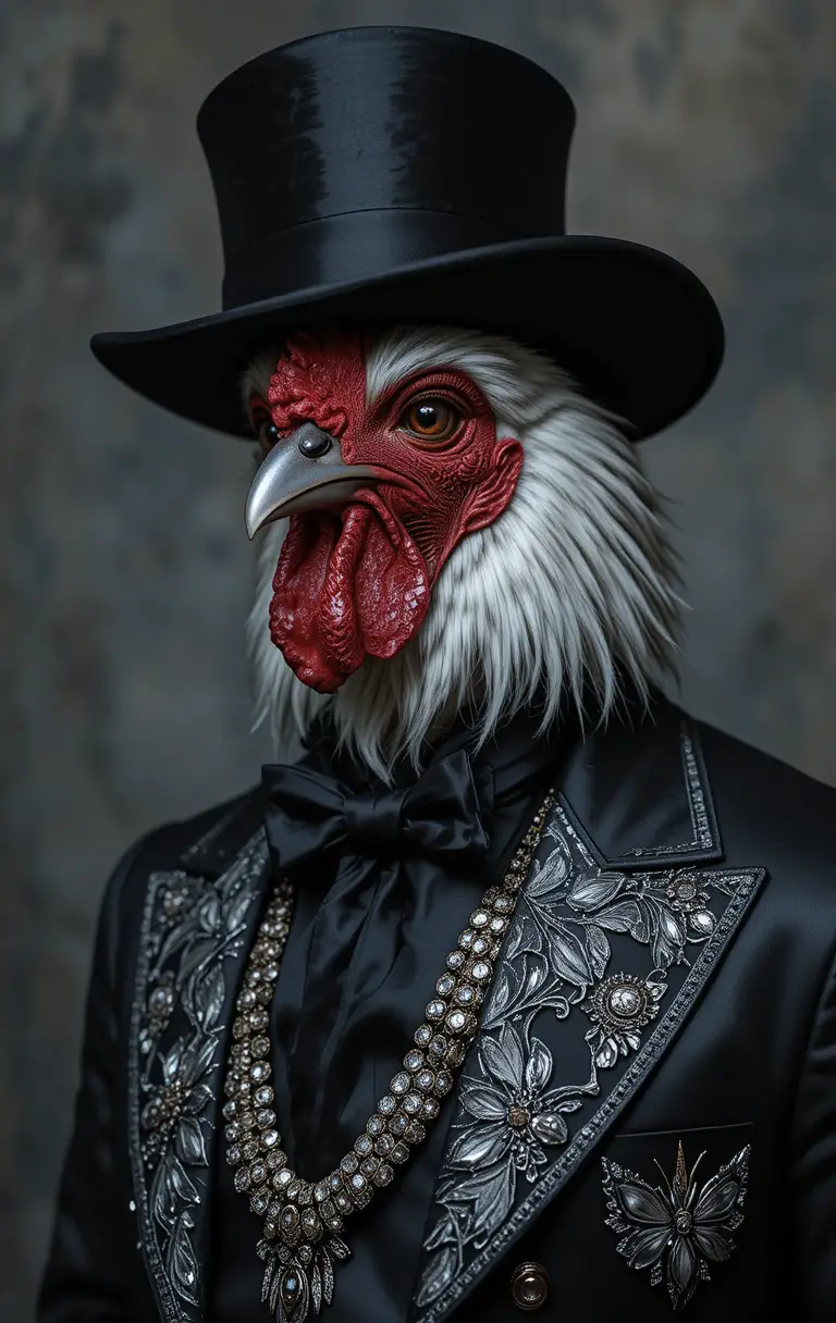 Poulet professeur stylé en somptueuse tenue en satin noir