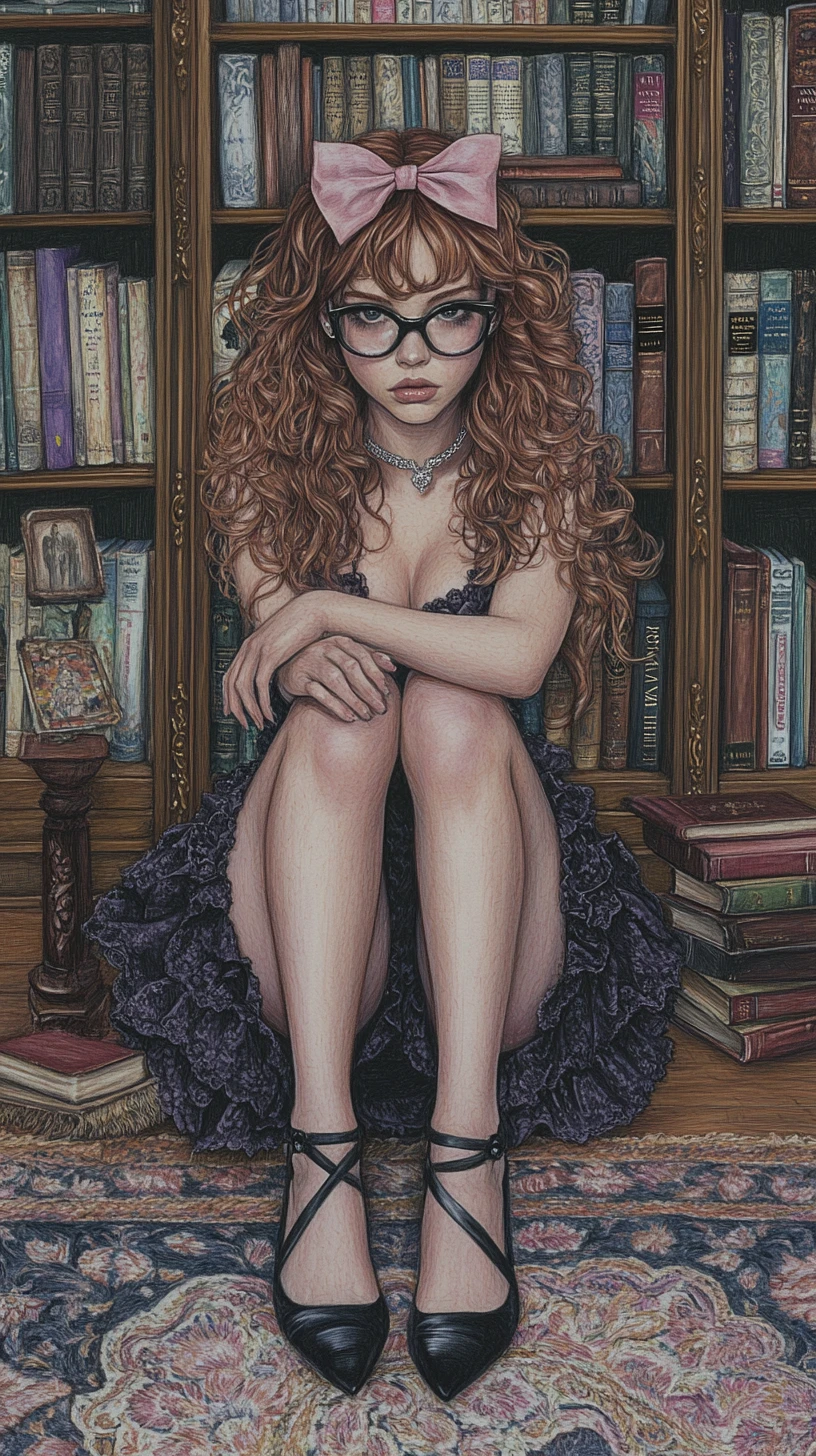 Garota de anime cacheada com vestido roxo na biblioteca
