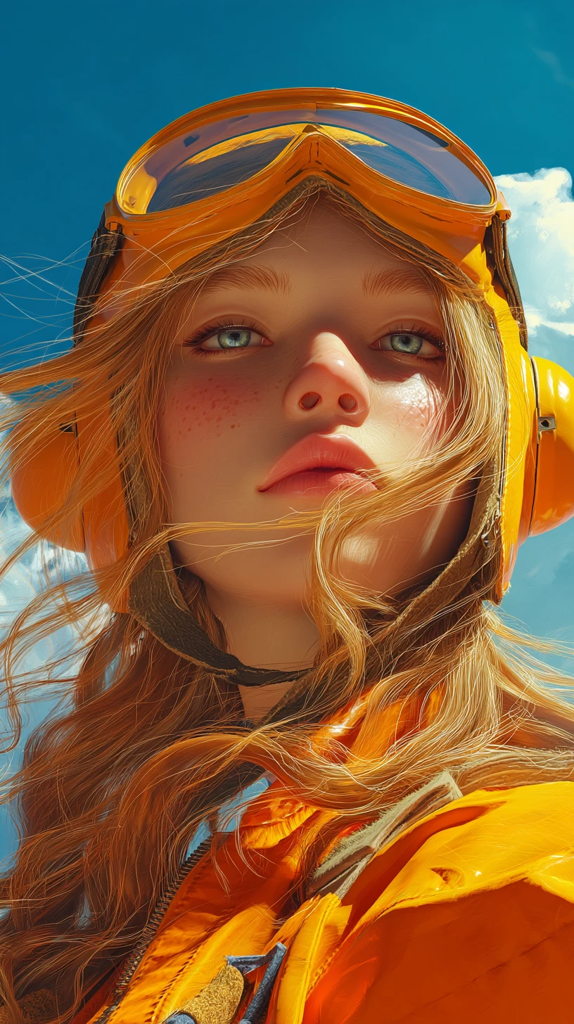 Teenager-Mädchen mit Pilotenhelm vor strahlend blauem Himmel
