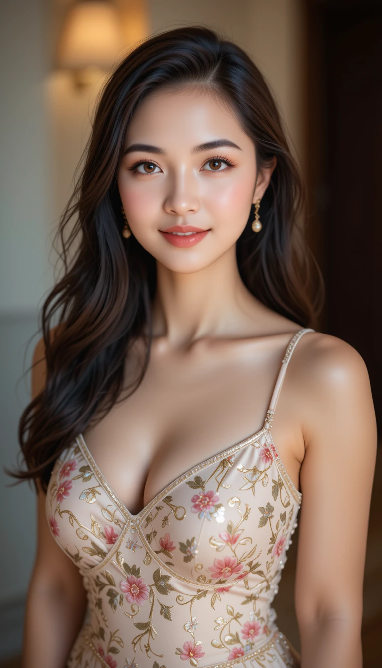 Retrato de mujer atlética y elegante con vestido de cena floral