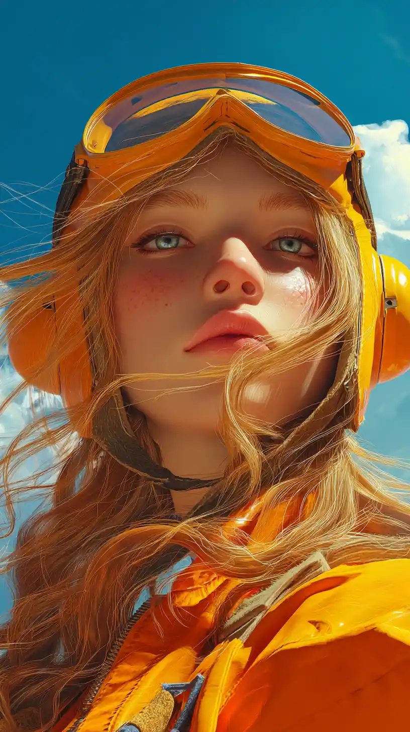 Teen girl in pilot helmet against bright blue sky