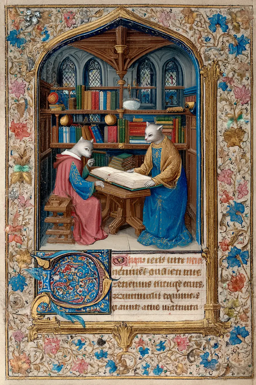 Gatos antropomórficos trabalhando em um scriptório medieval