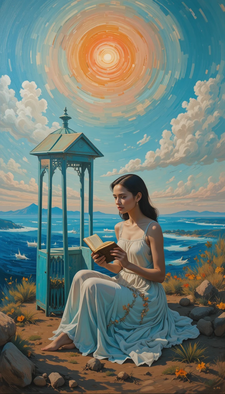 Young woman reading alone under a blue beach parasol