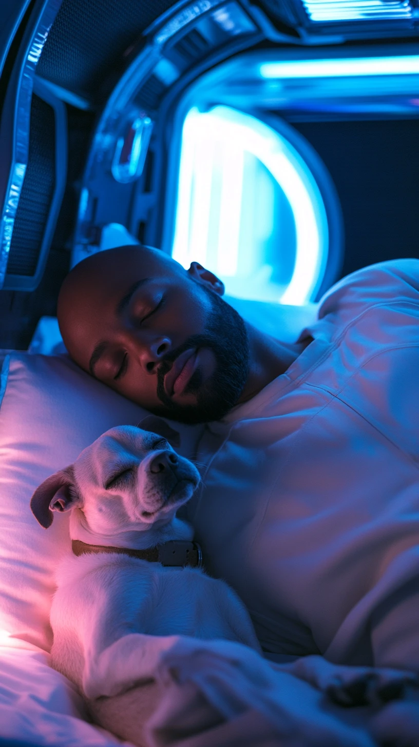 シーズー犬と未来的なベッドで眠るスキンヘッドの男性