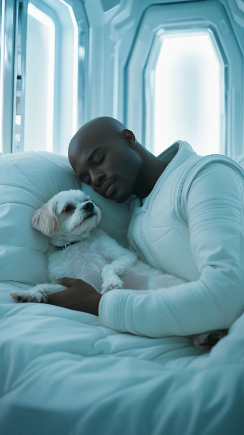 Homem careca dormindo em uma cama futurista ao lado de seu shih tzu