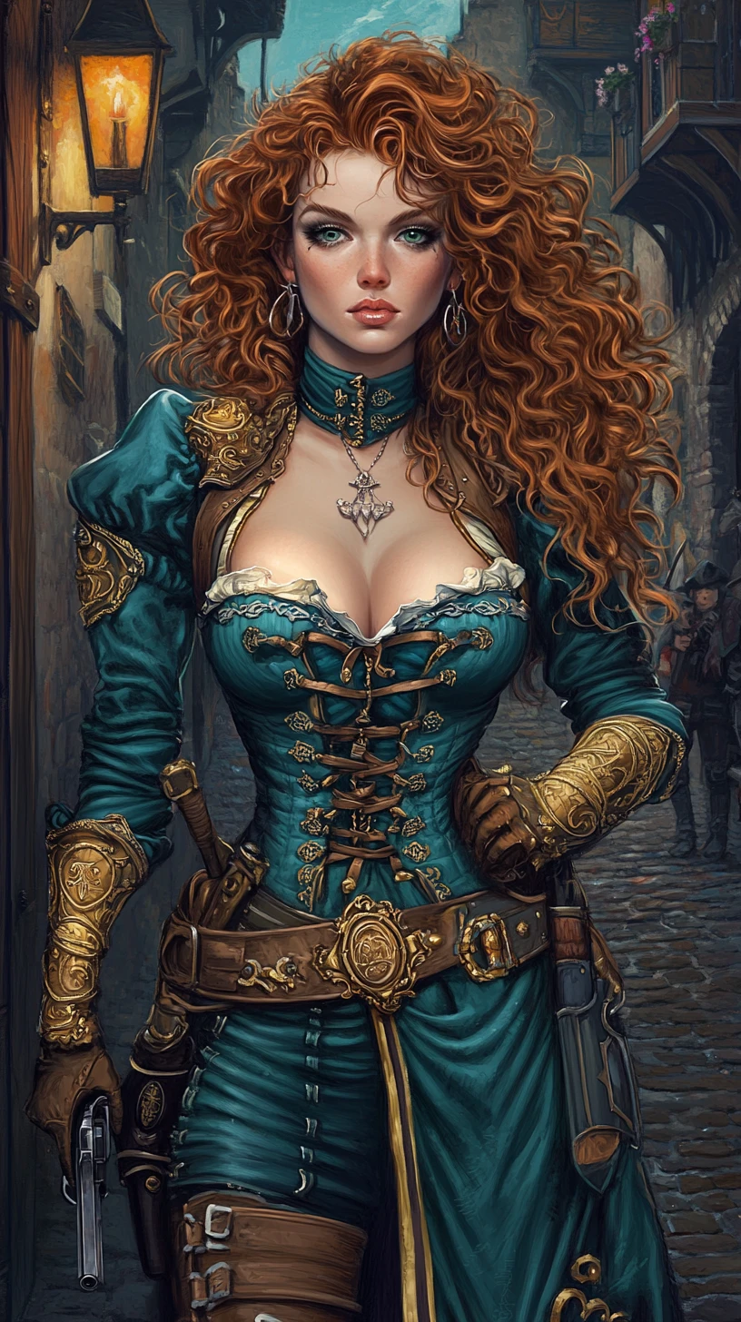 Guerriera fantasy in una strada di ciottoli illuminata da lanterne