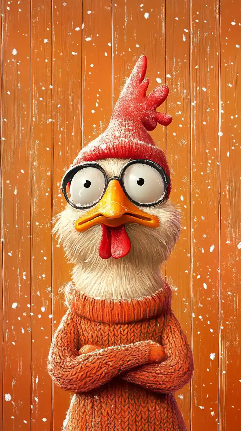 Cartoon chicken in snow on bold orange abstract background