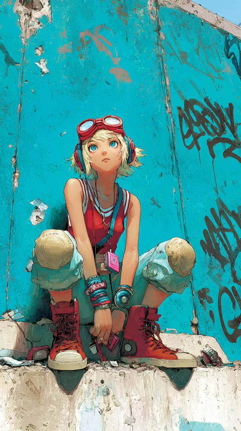 Garota de anime agachada junto a uma parede urbana ciano desgastada