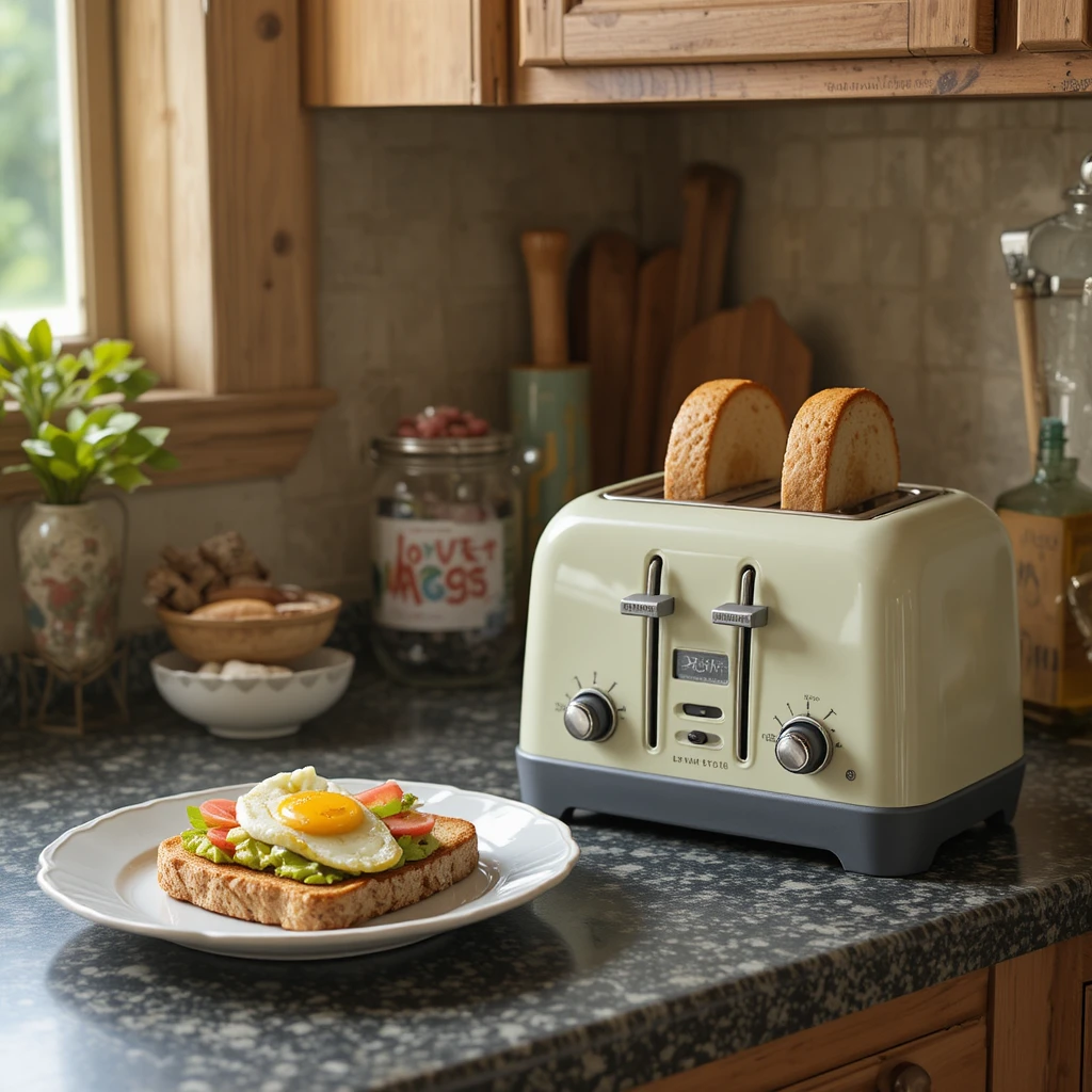Gemütliche Küche im Enten-Thema mit Toaster und Avocado-Ei-Toast
