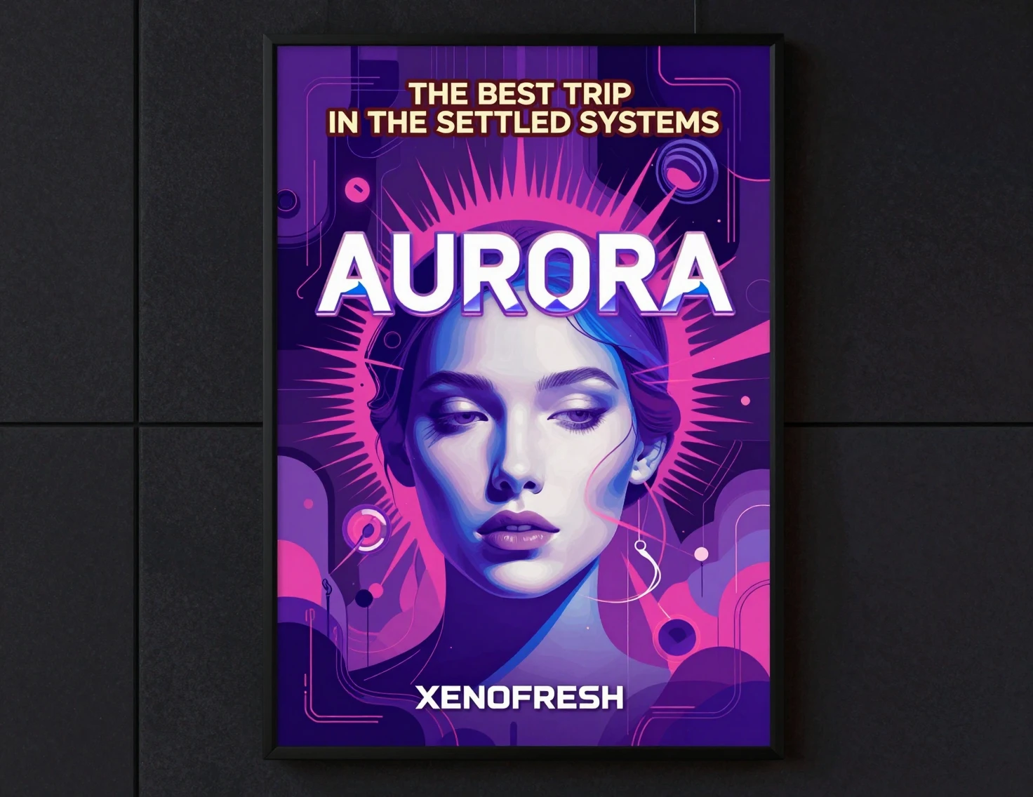 Futuristisches Aurora-Poster mit ätherischem Frauengesicht und Text