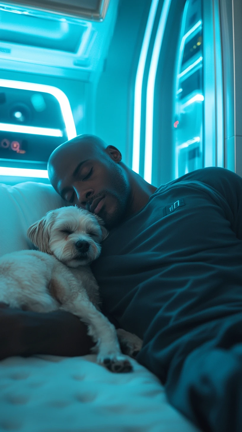 Hombre calvo durmiendo en una cama futurista con un perro pequeño