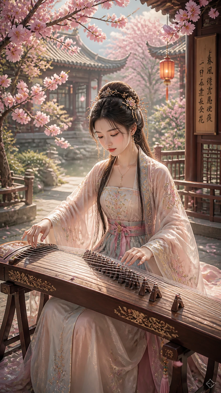 Mulher asiática tocando guzheng em um pátio tradicional chinês
