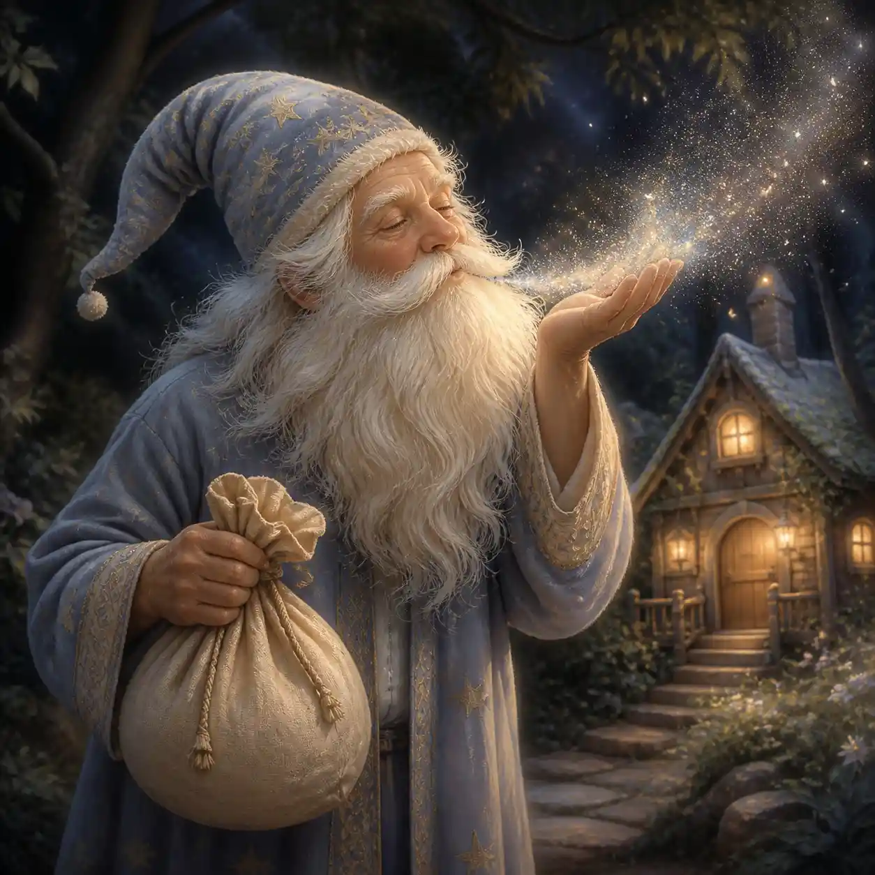Fairytale sandman blowing glowing sleeping dust in a forest
