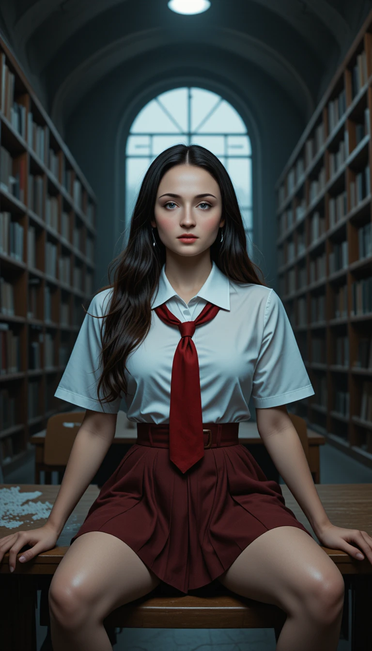 Estudante misteriosa de óculos em biblioteca escura e vazia