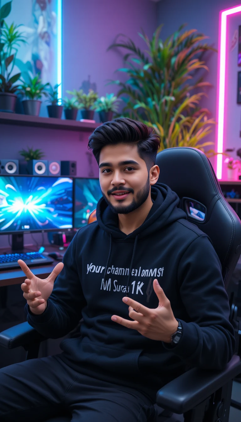Jeune streameur parlant dans un setup gaming éclairé au néon
